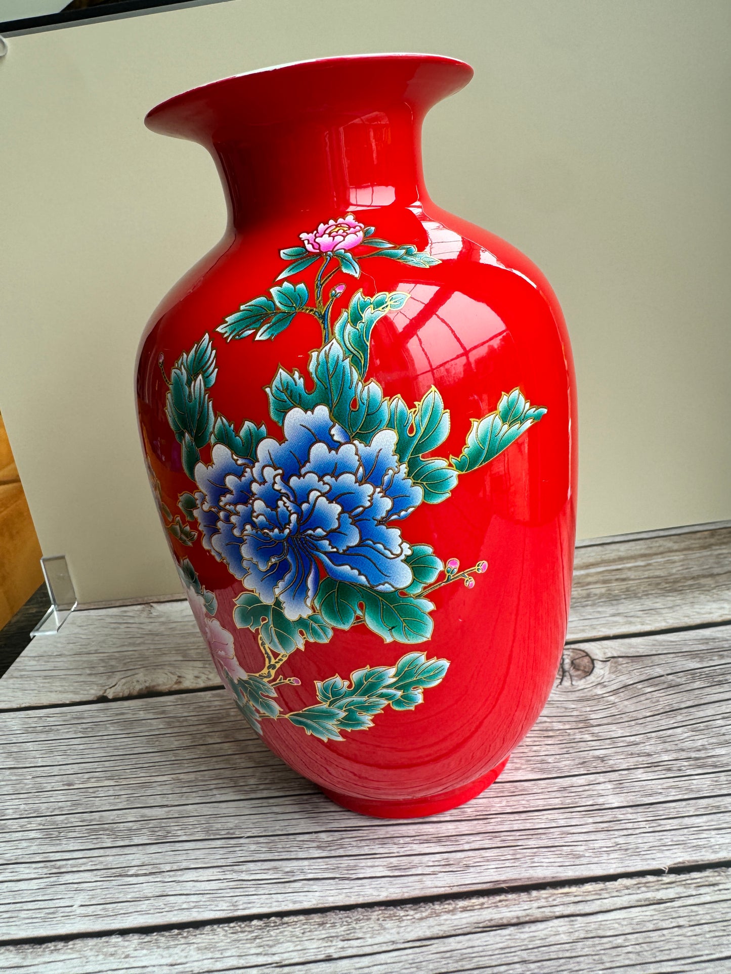 Bold Red Chinese Porcelain Vase with Peony & Calligraphy Motif
