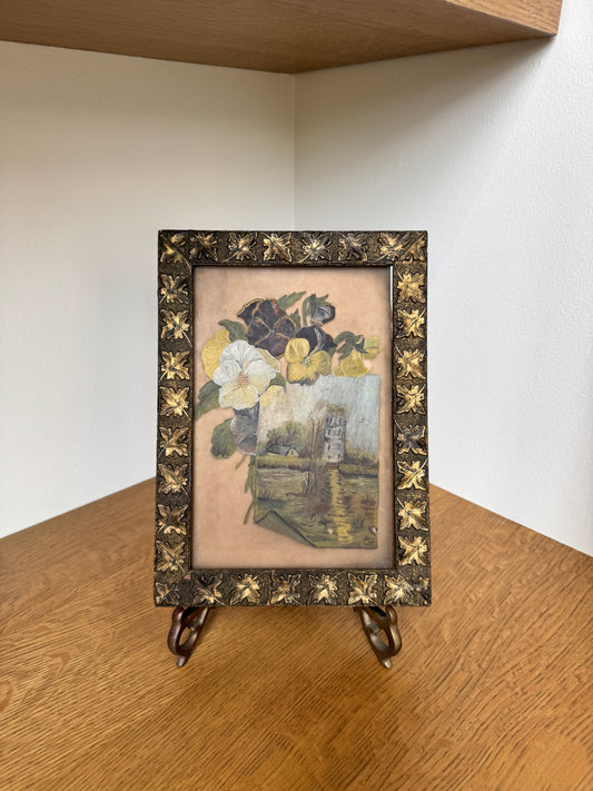 Vintage Mixed Media Pansy and Landscape Painting in Ornate Leaf Relief Frame – Early 20th Century