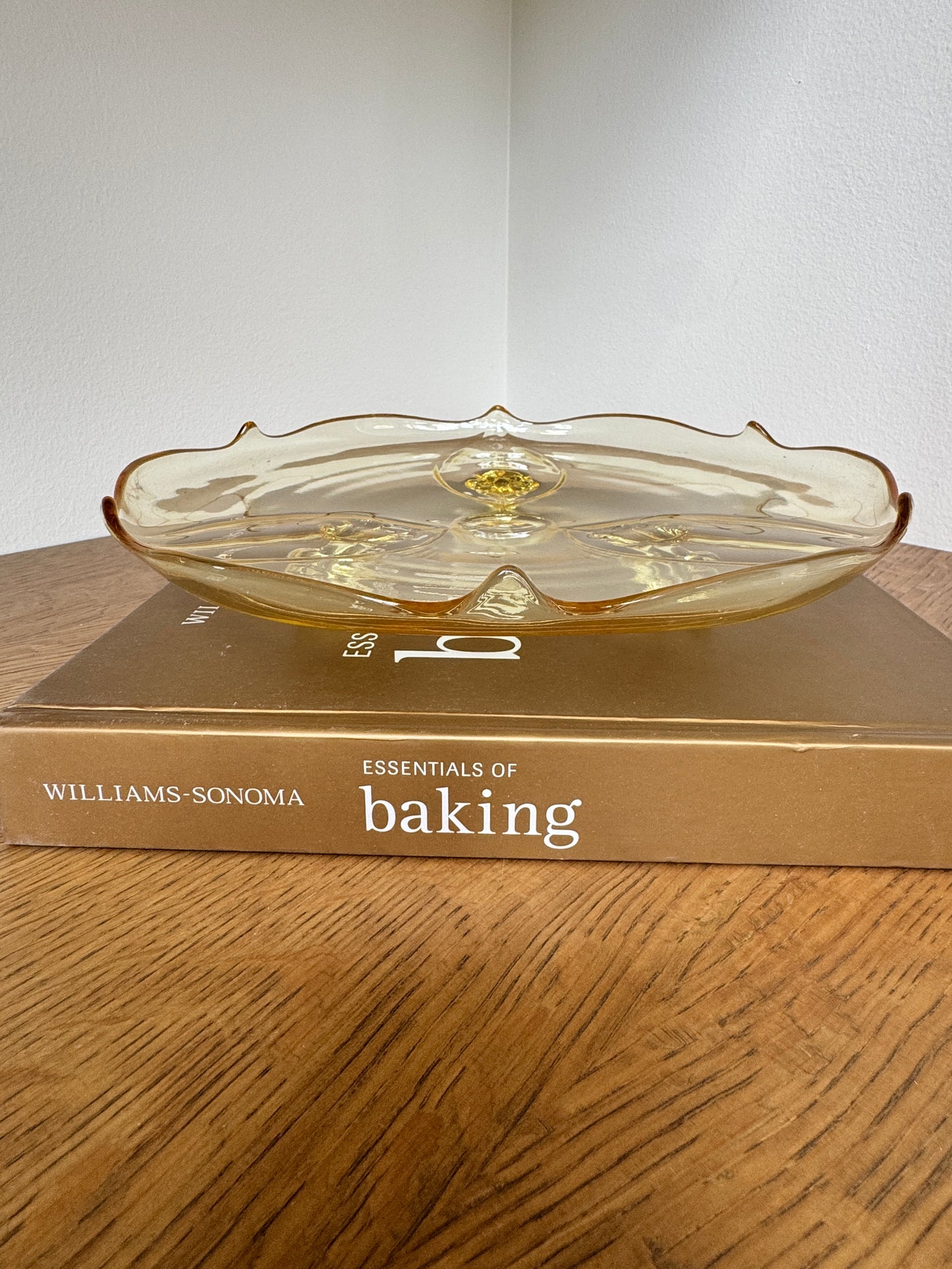 1930s Lancaster Petal Depression Glass Cake Plate – Topaz Yellow, 3-Footed, 10