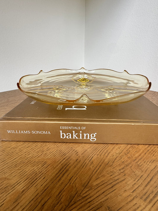 1930s Lancaster Petal Depression Glass Cake Plate – Topaz Yellow, 3-Footed, 10