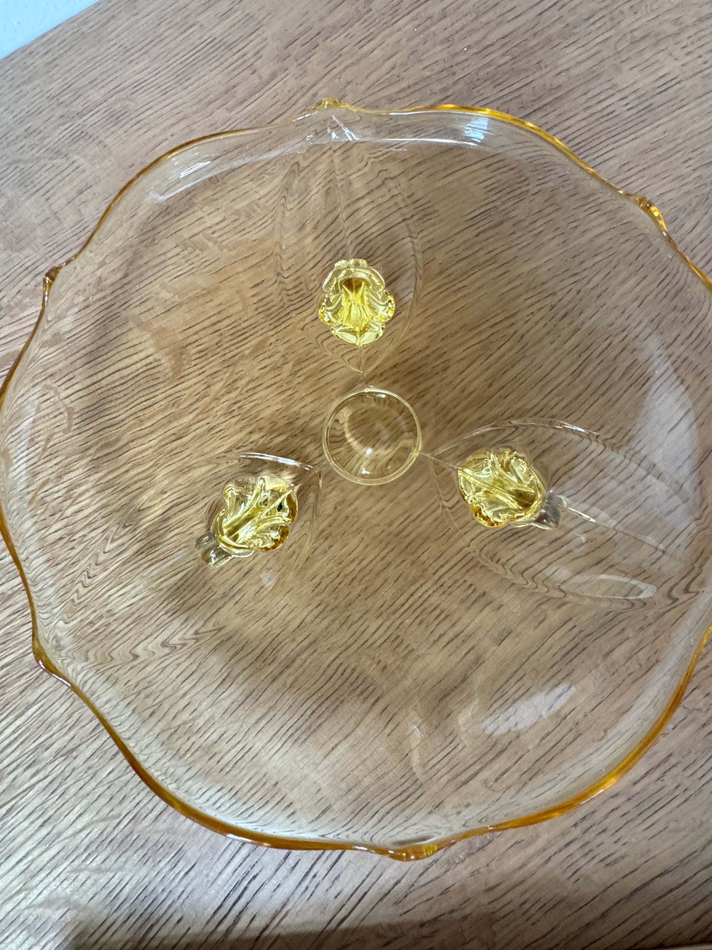 1930s Lancaster Petal Depression Glass Cake Plate – Topaz Yellow, 3-Footed, 10