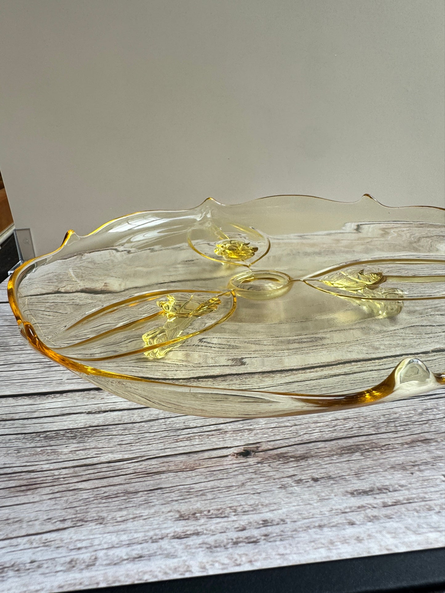 1930s Lancaster Petal Depression Glass Cake Plate – Topaz Yellow, 3-Footed, 10
