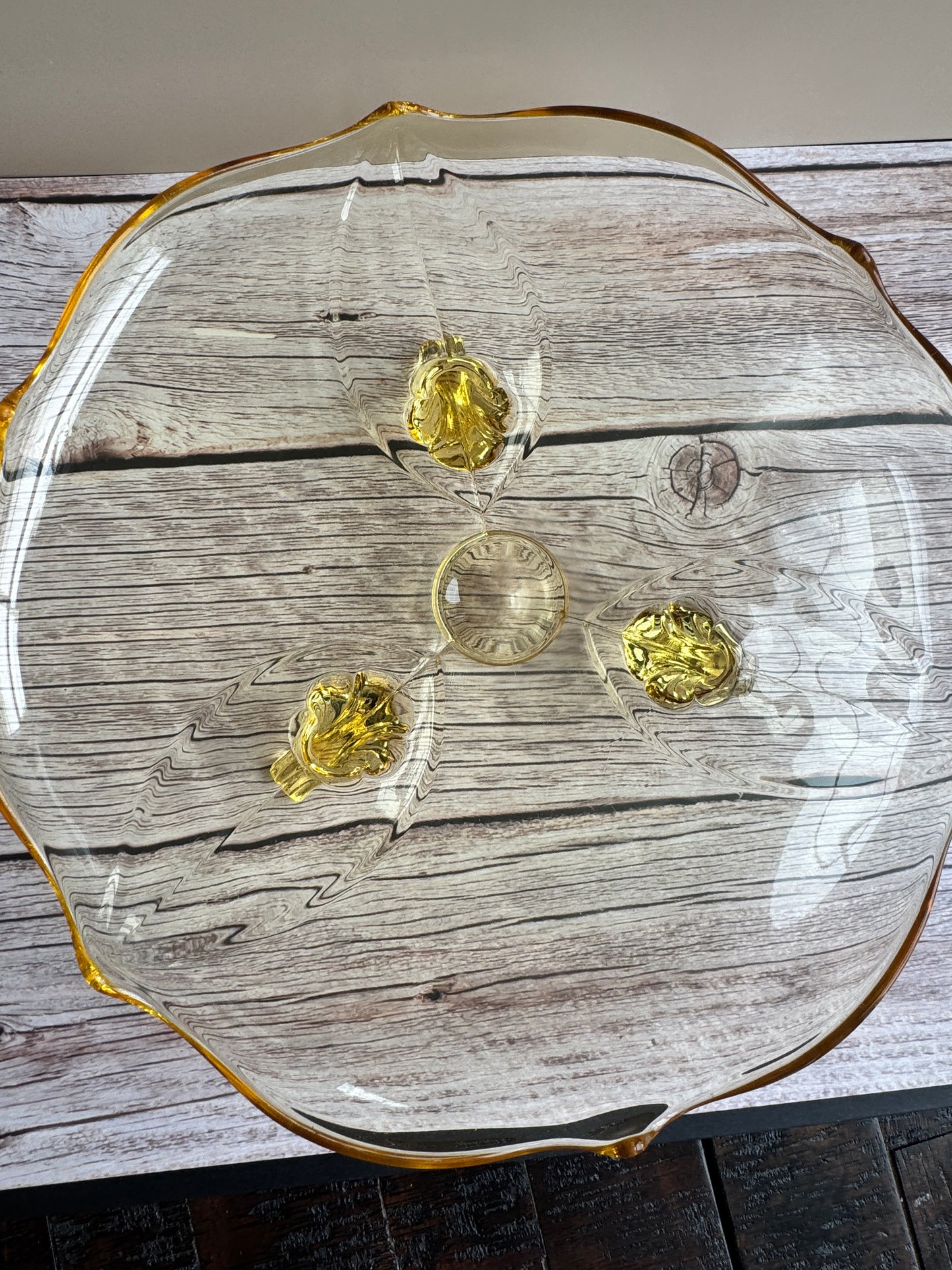 1930s Lancaster Petal Depression Glass Cake Plate – Topaz Yellow, 3-Footed, 10