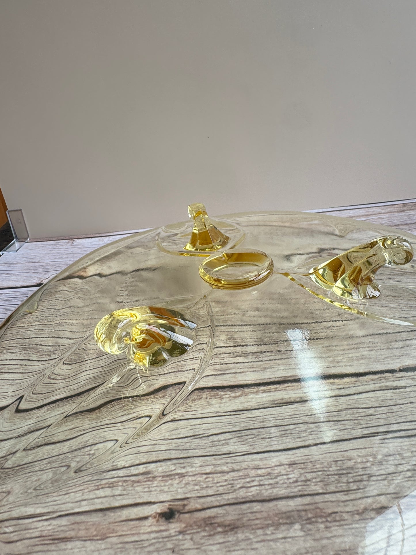 1930s Lancaster Petal Depression Glass Cake Plate – Topaz Yellow, 3-Footed, 10