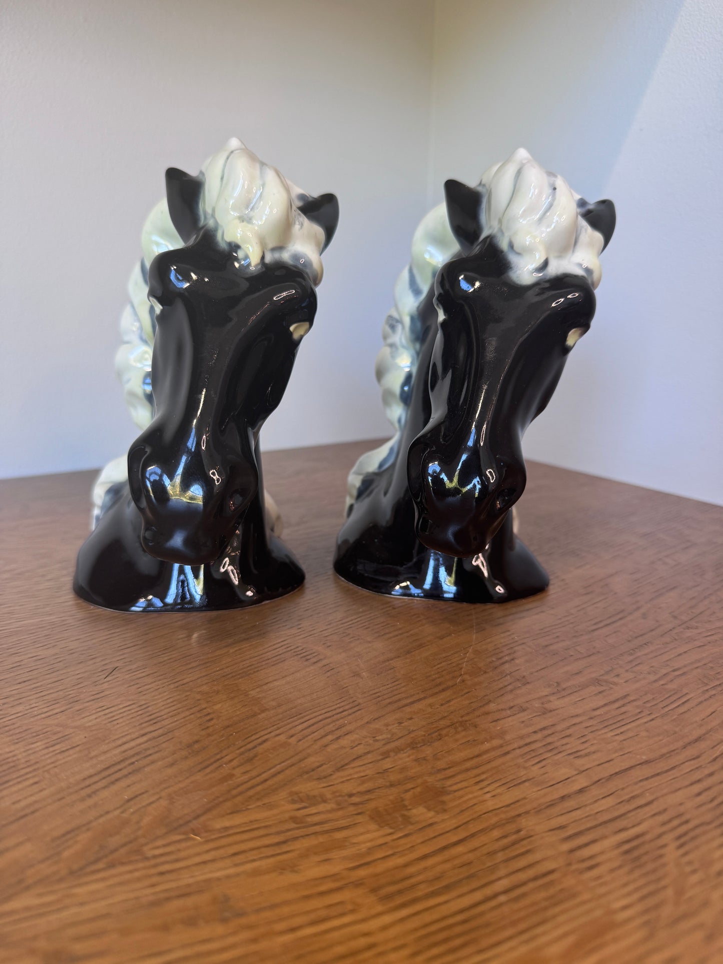 Vintage Black Ceramic Horse Head Bookends (Signed L. Hall, 1974)