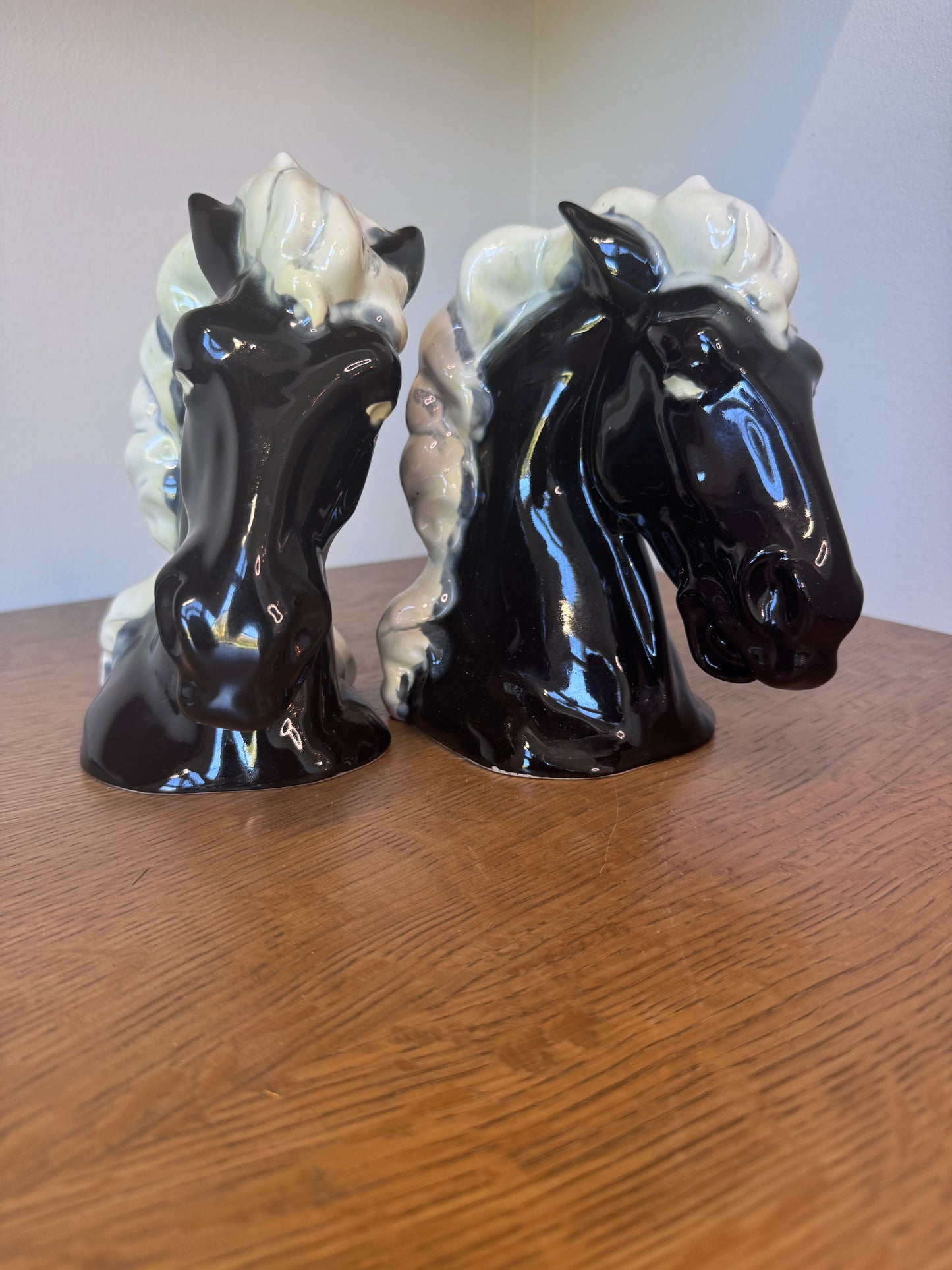 Vintage Black Ceramic Horse Head Bookends (Signed L. Hall, 1974)