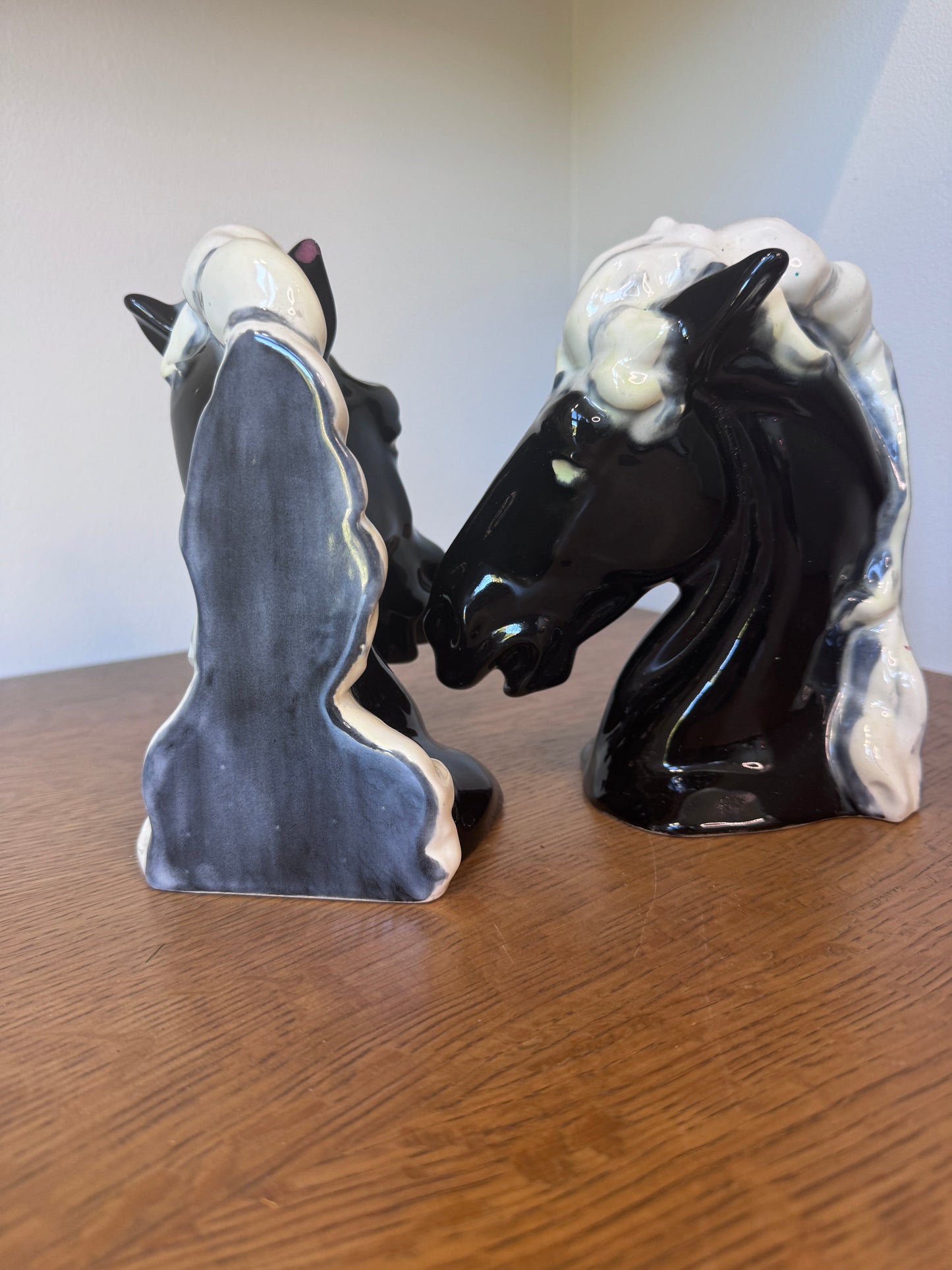 Vintage Black Ceramic Horse Head Bookends (Signed L. Hall, 1974)