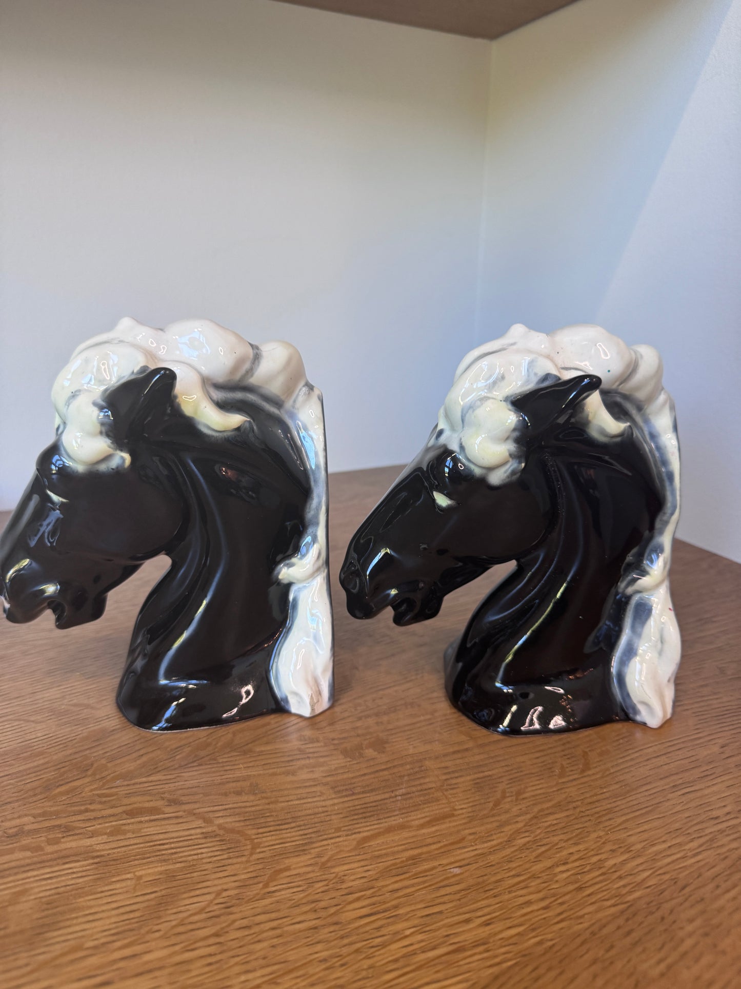 Vintage Black Ceramic Horse Head Bookends (Signed L. Hall, 1974)