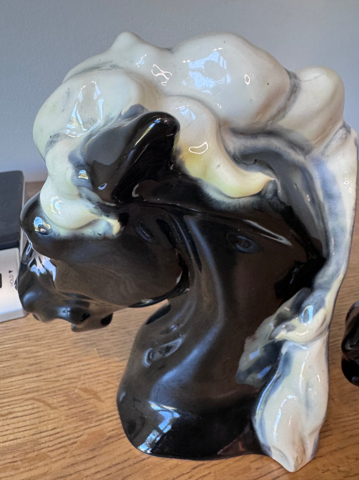 Vintage Black Ceramic Horse Head Bookends (Signed L. Hall, 1974)