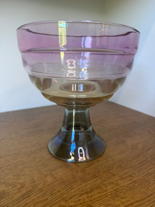 Vintage Iridescent Tri-Color Glass Pedestal Fruit Bowl – Amethyst & Amber Centerpiece (8.5”)