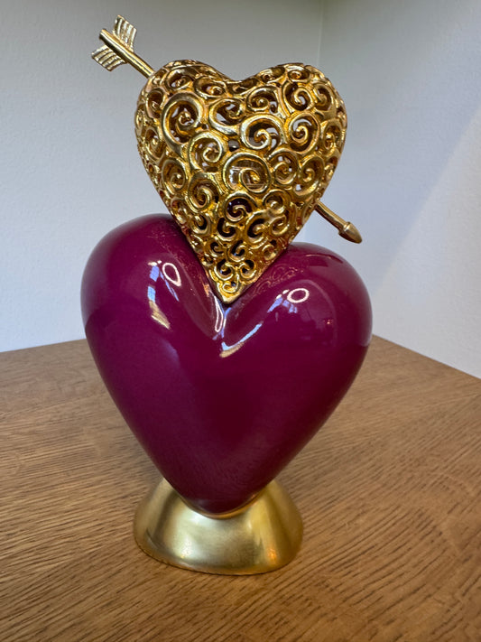 Maison Berger Paris “Double Heart” Limoges Porcelain Fragrance Lamp – Red & Gold, Signed Regis DHO, Vintage Catalytic Oil Diffuser