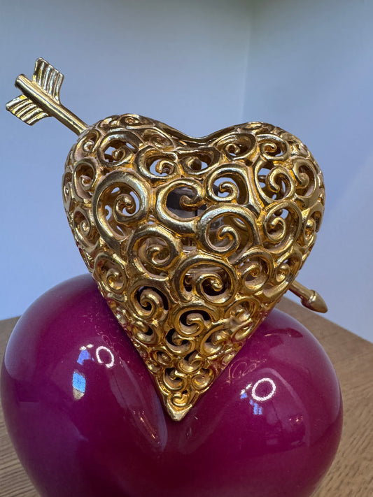 Maison Berger Paris “Double Heart” Limoges Porcelain Fragrance Lamp – Red & Gold, Signed Regis DHO, Vintage Catalytic Oil Diffuser