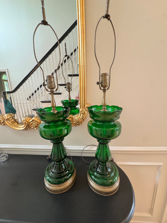 Pair of Vintage Emertald Green Glass Table Lamps with Brass Hardware – 1960s Hollywood Regency Style, 32" Tall