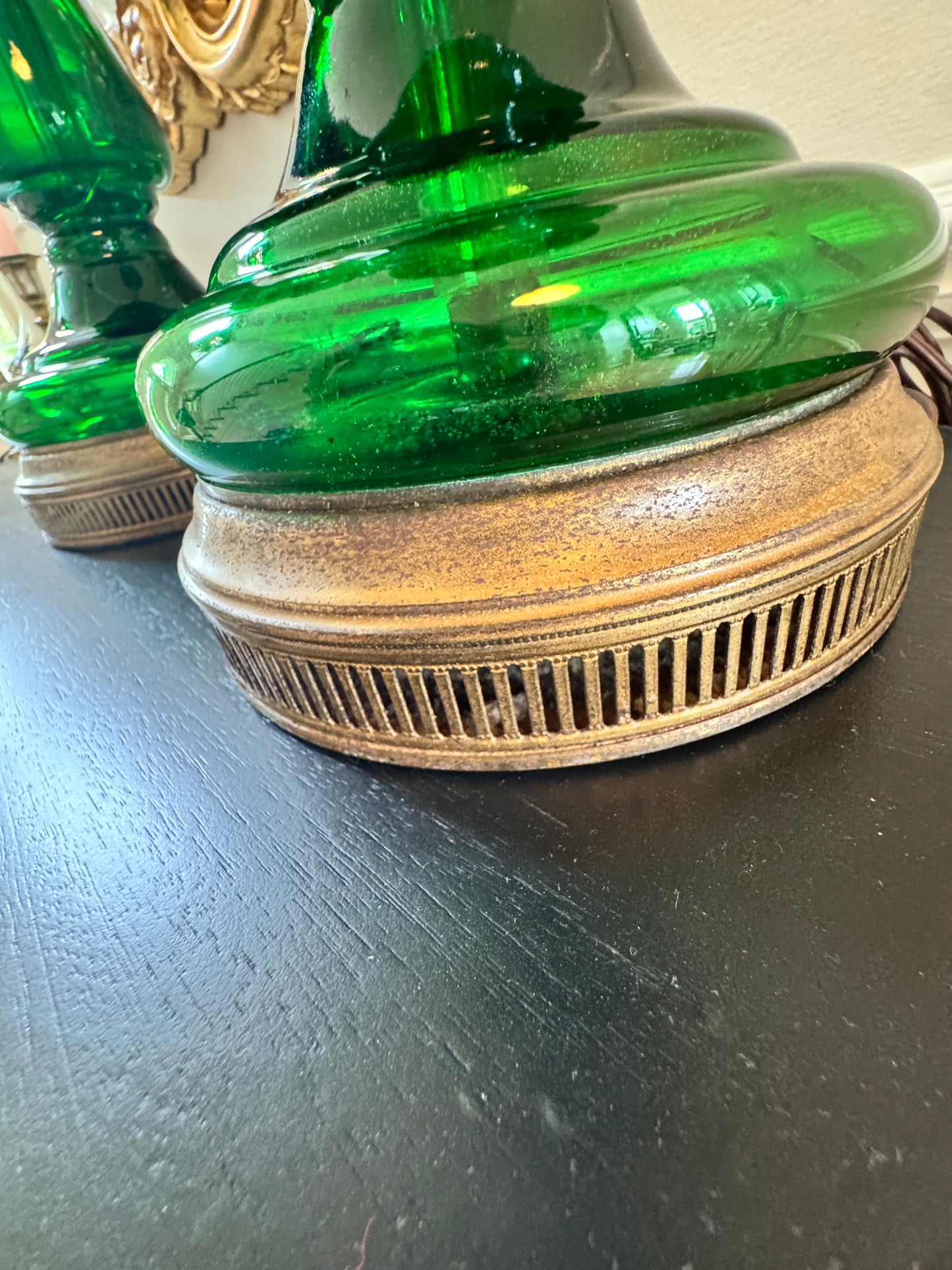 Pair of Vintage Emertald Green Glass Table Lamps with Brass Hardware – 1960s Hollywood Regency Style, 32" Tall