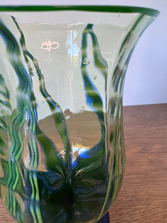 Vintage Czech Bohemian Art Glass Vase – Uranium Reactive, Blue & Green Swirl – 8.5