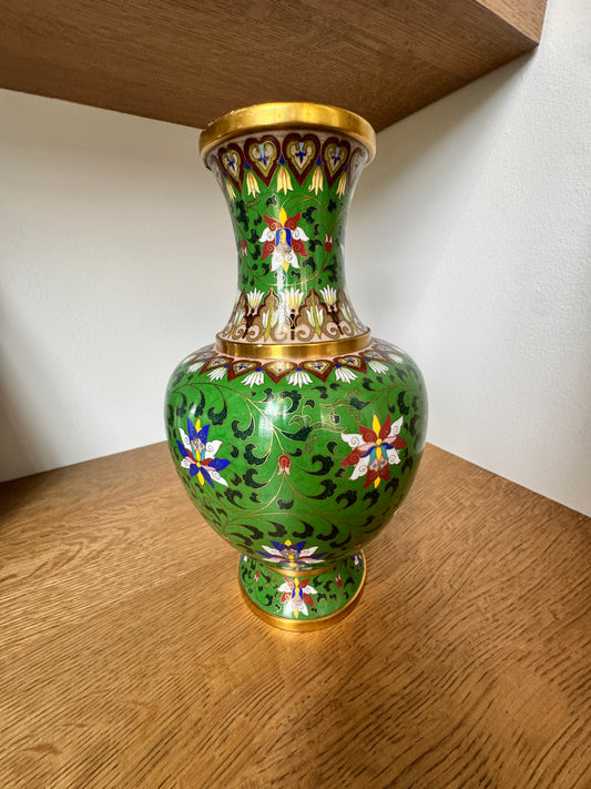 Vintage Cloisonné Vase – Hand-Enameled Green with Lotus and Floral Motifs – 12.25” Tall