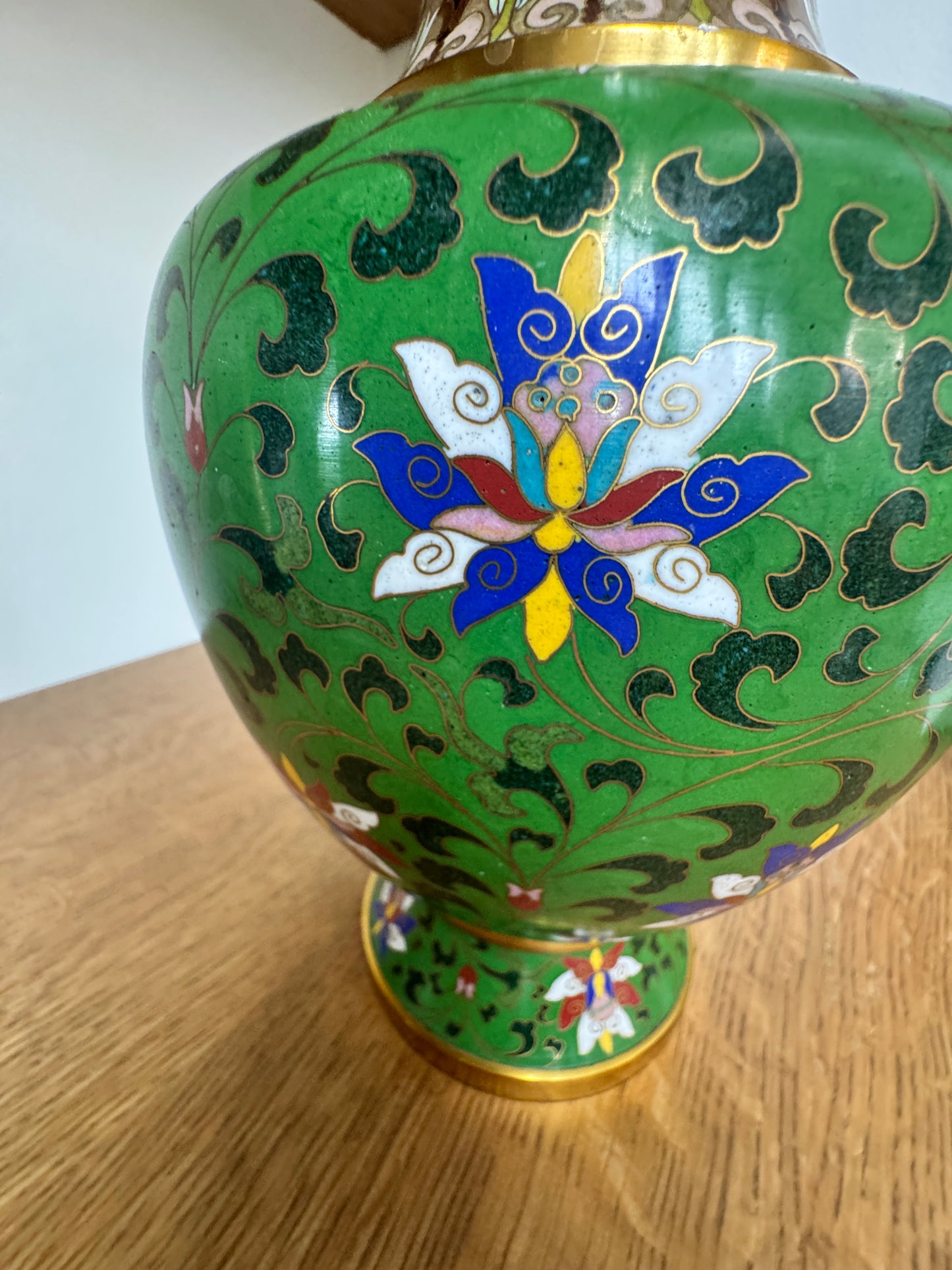 Vintage Cloisonné Vase – Hand-Enameled Green with Lotus and Floral Motifs – 12.25” Tall