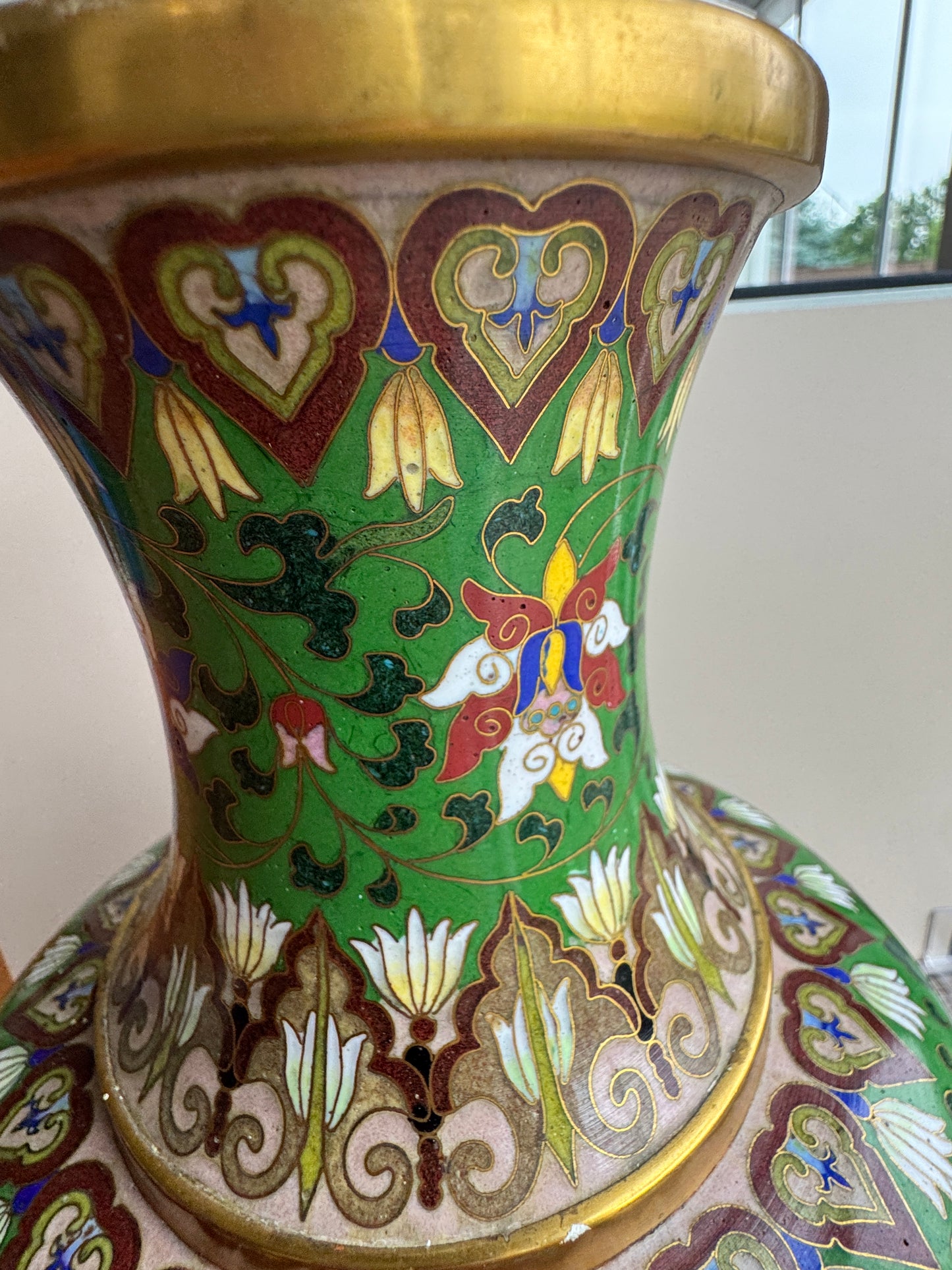Vintage Cloisonné Vase – Hand-Enameled Green with Lotus and Floral Motifs – 12.25” Tall