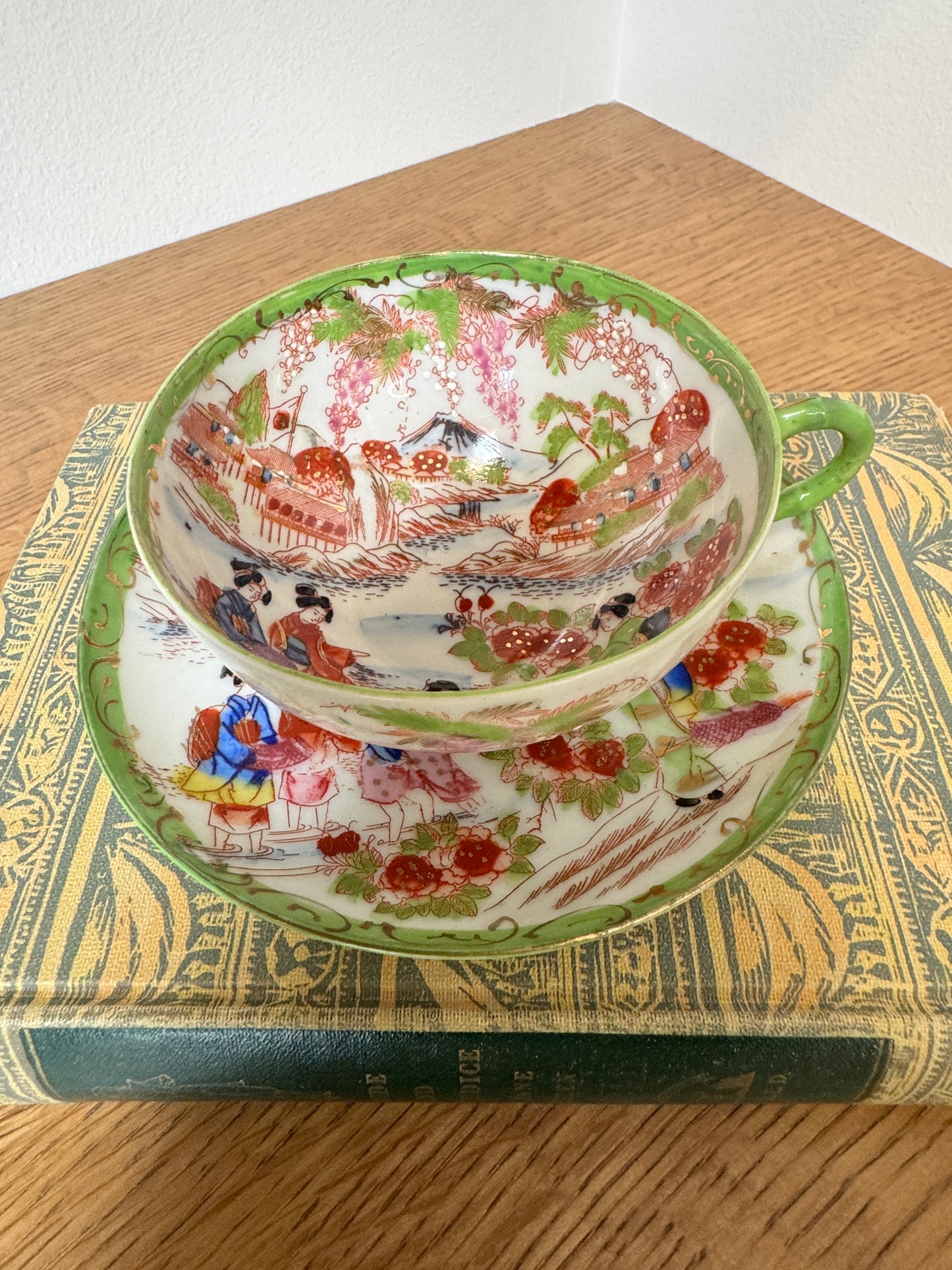 Vintage Japanese Scenic Teacups & Saucers – Pair with Gold Trim and Landscape Motifs