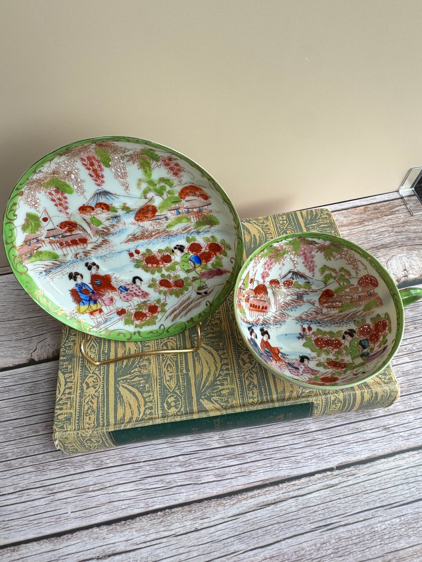Vintage Japanese Scenic Teacups & Saucers – Pair with Gold Trim and Landscape Motifs