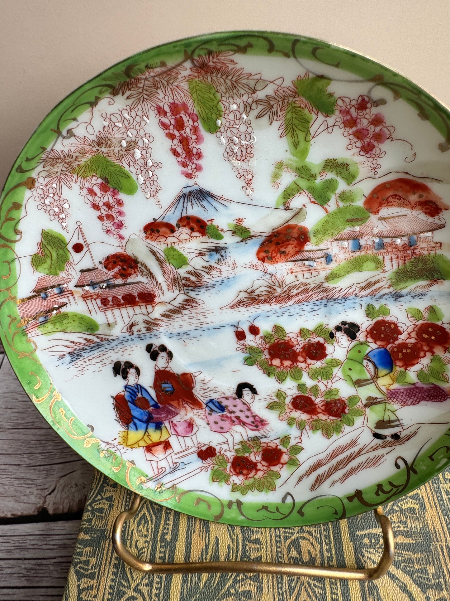 Vintage Japanese Scenic Teacups & Saucers – Pair with Gold Trim and Landscape Motifs
