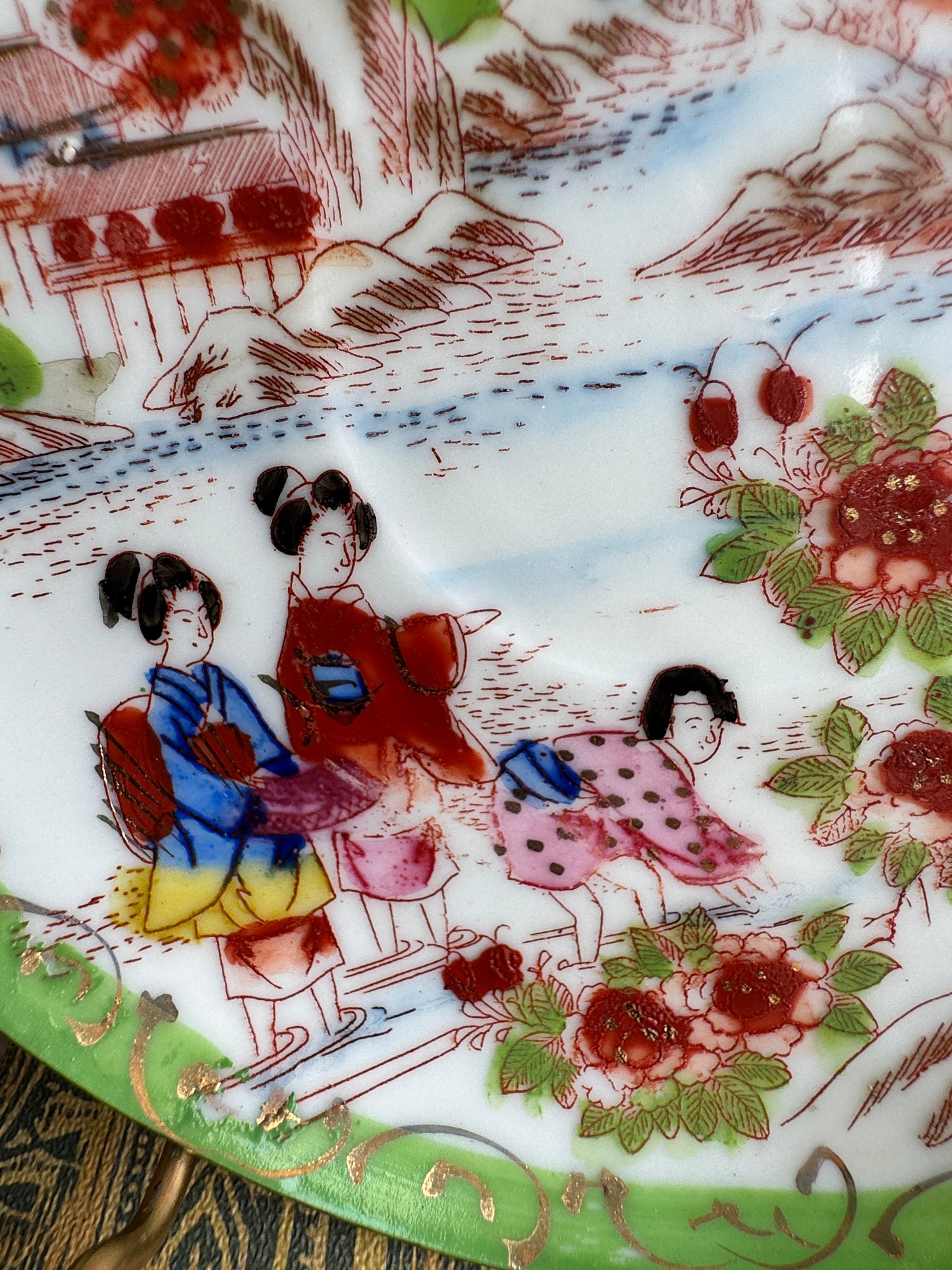 Vintage Japanese Scenic Teacups & Saucers – Pair with Gold Trim and Landscape Motifs