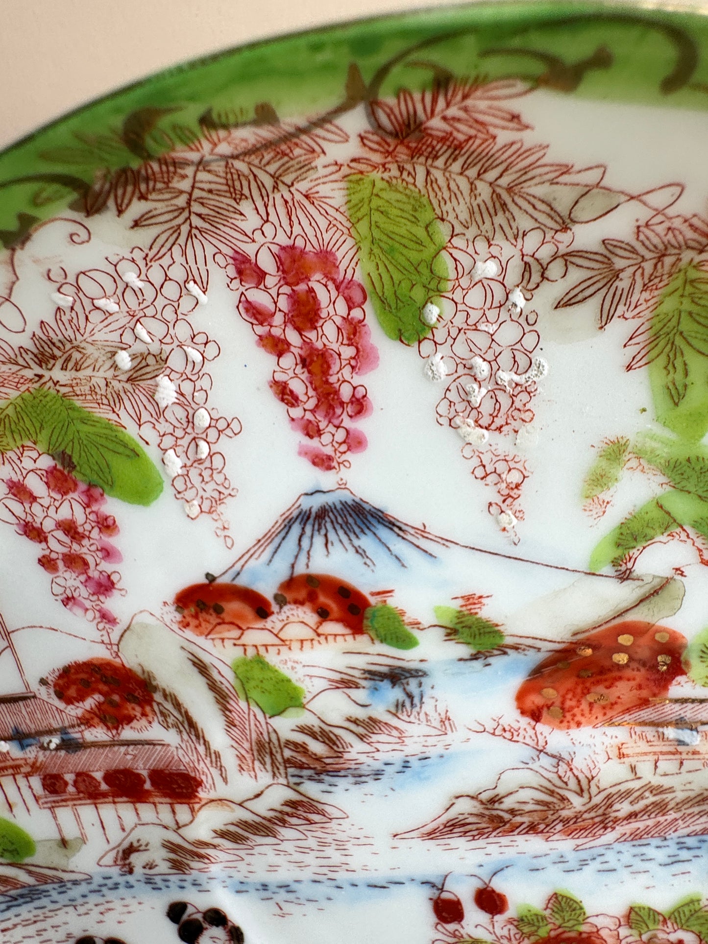 Vintage Japanese Scenic Teacups & Saucers – Pair with Gold Trim and Landscape Motifs