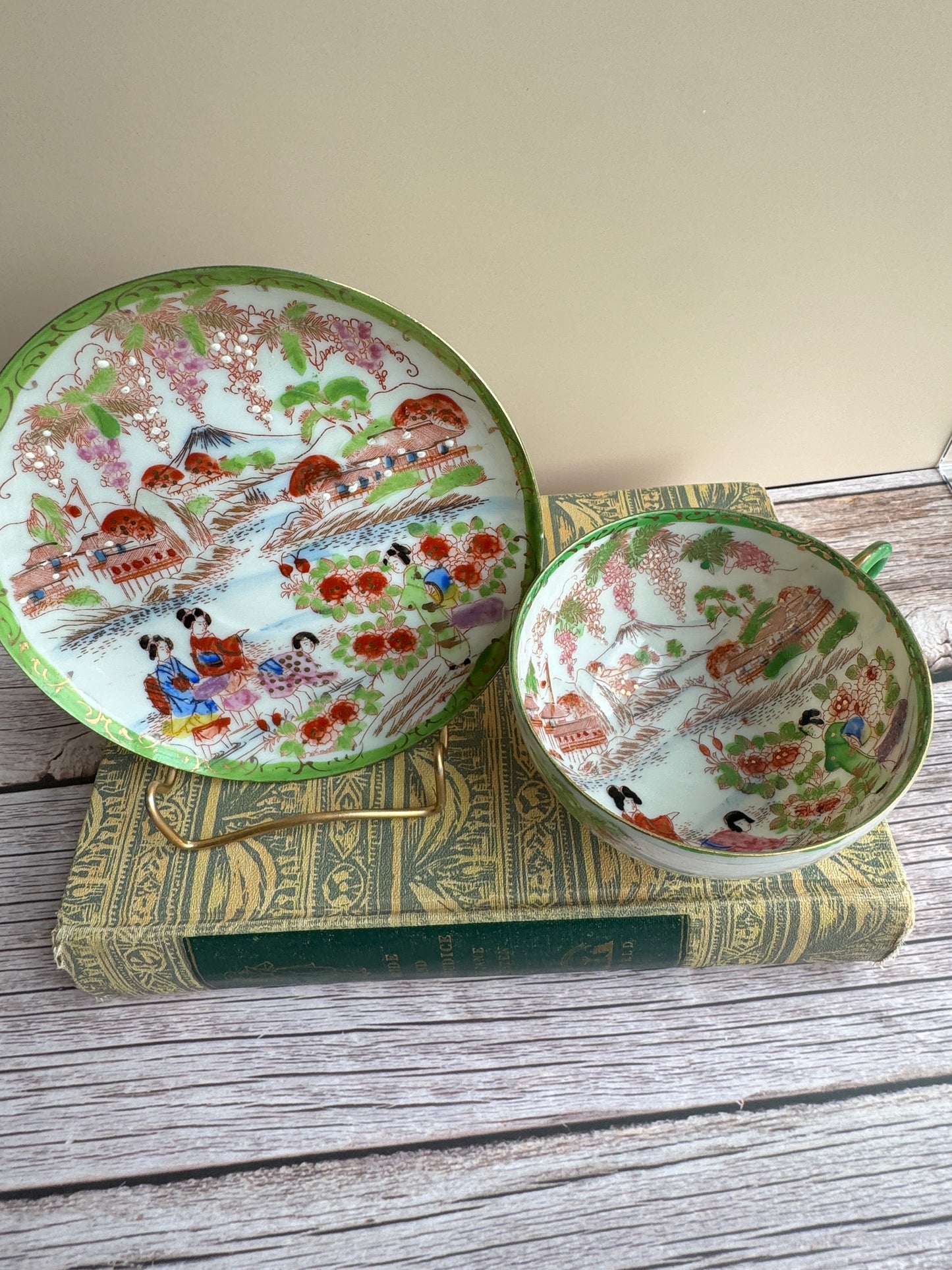 Vintage Japanese Scenic Teacups & Saucers – Pair with Gold Trim and Landscape Motifs