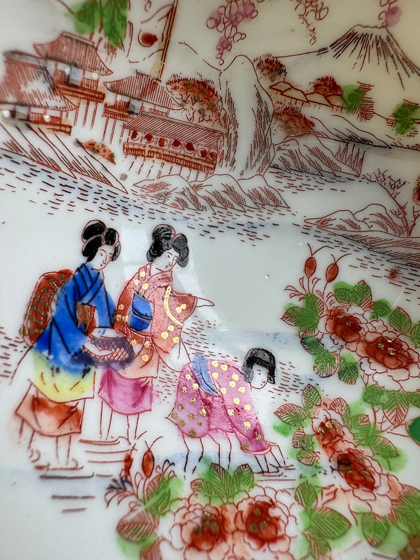 Vintage Japanese Scenic Teacups & Saucers – Pair with Gold Trim and Landscape Motifs