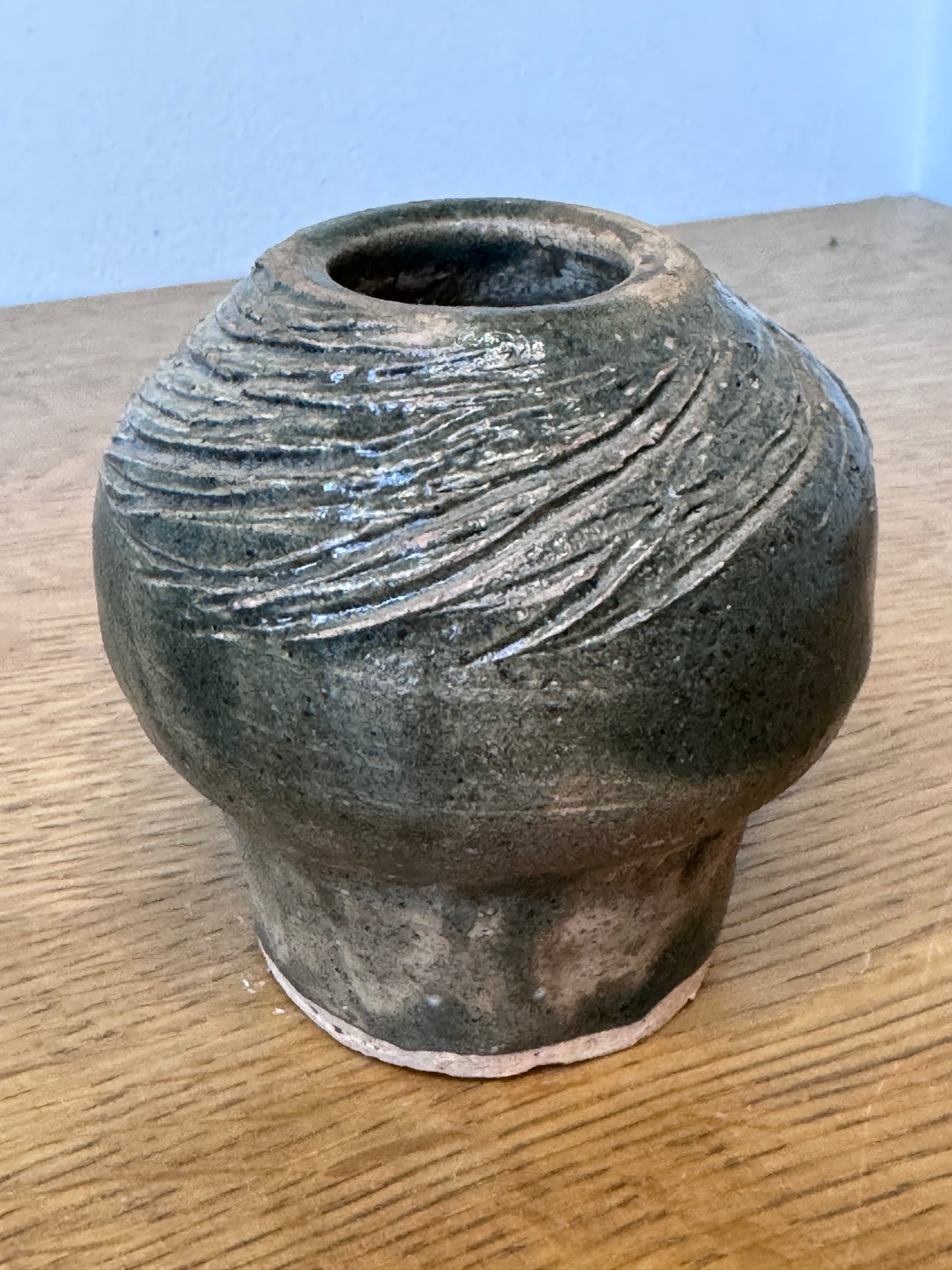 Signed Stoneware Studio Pottery Bud Vase – Textured Green Glaze (Needham)