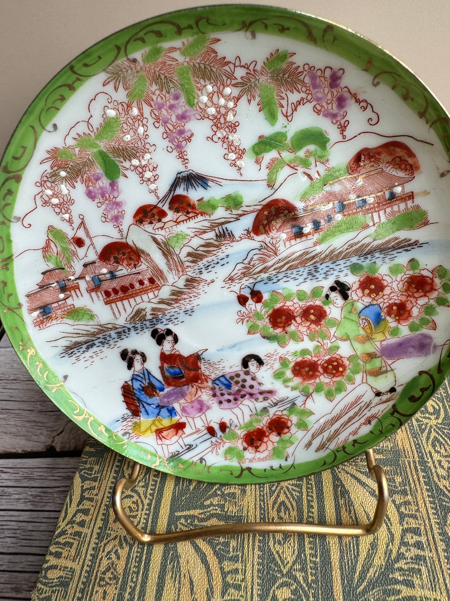 Vintage Japanese Scenic Teacups & Saucers – Pair with Gold Trim and Landscape Motifs