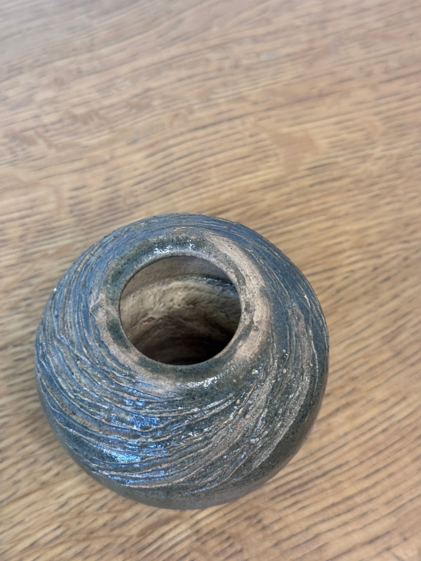 Signed Stoneware Studio Pottery Bud Vase – Textured Green Glaze (Needham)