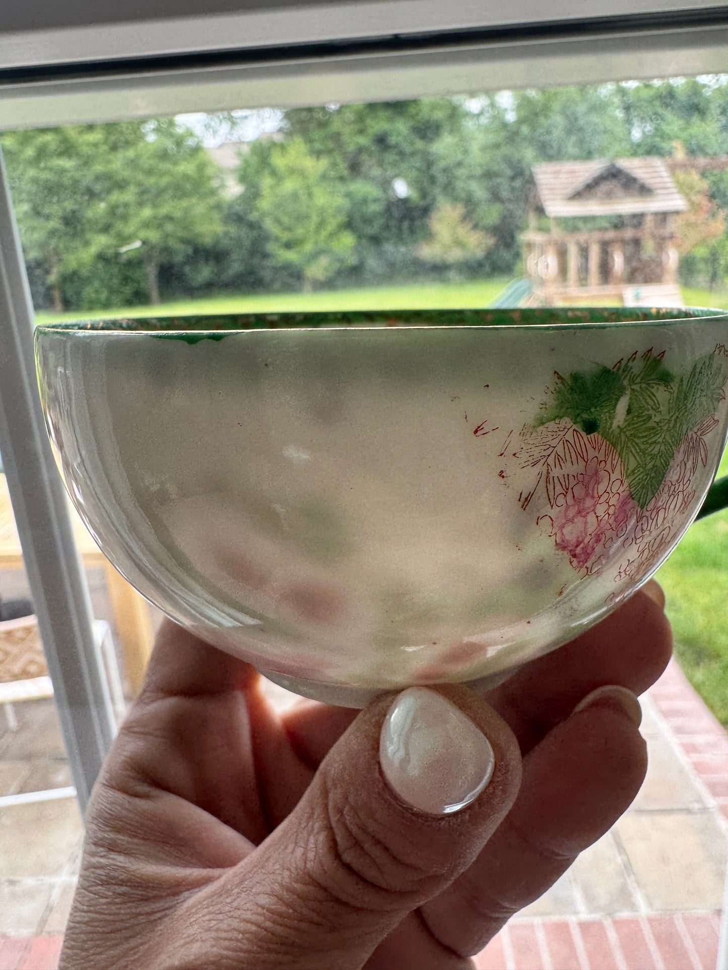 Vintage Japanese Scenic Teacups & Saucers – Pair with Gold Trim and Landscape Motifs