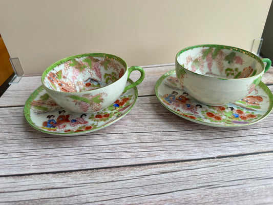 Vintage Japanese Scenic Teacups & Saucers – Pair with Gold Trim and Landscape Motifs