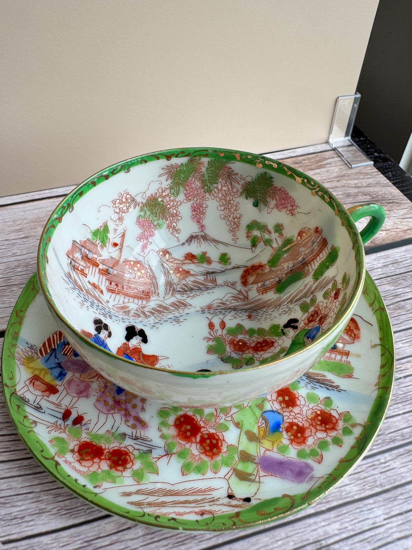 Vintage Japanese Scenic Teacups & Saucers – Pair with Gold Trim and Landscape Motifs