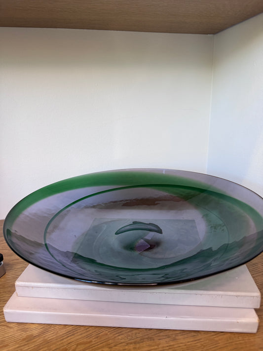Murano Art Glass Centerpiece Bowl – Hand-Blown in Italy – Crate & Barrel, Green & Amethyst, 15.75”