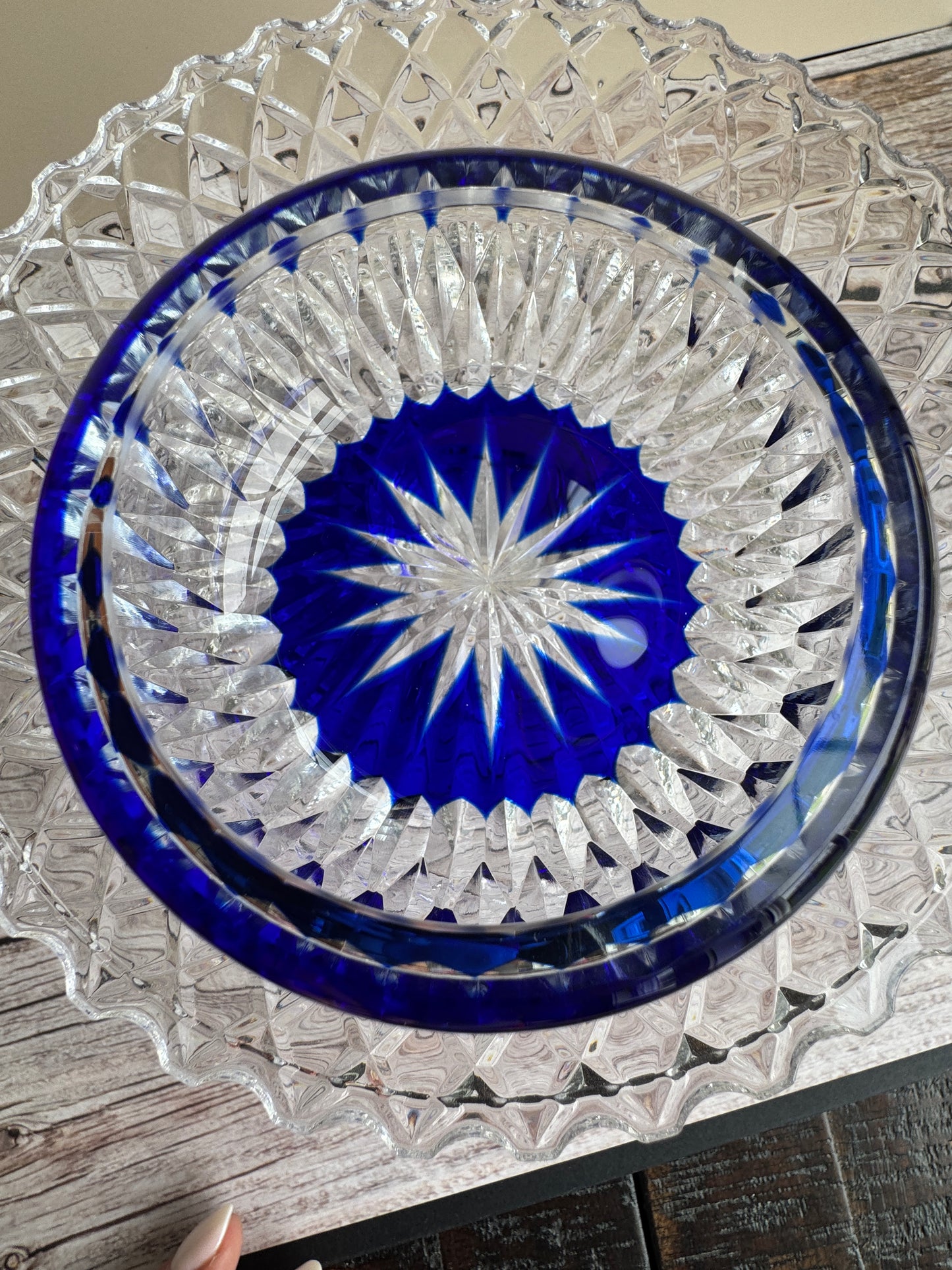 Cut-to-Clear Cobalt Blue Crystal Bowl – Starburst Base, Deep Overlay