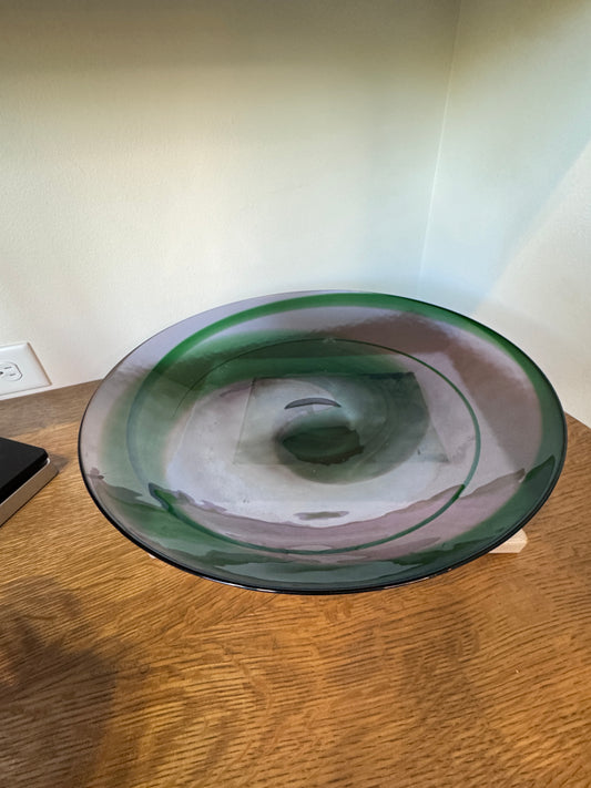 Murano Art Glass Centerpiece Bowl – Hand-Blown in Italy – Crate & Barrel, Green & Amethyst, 15.75”