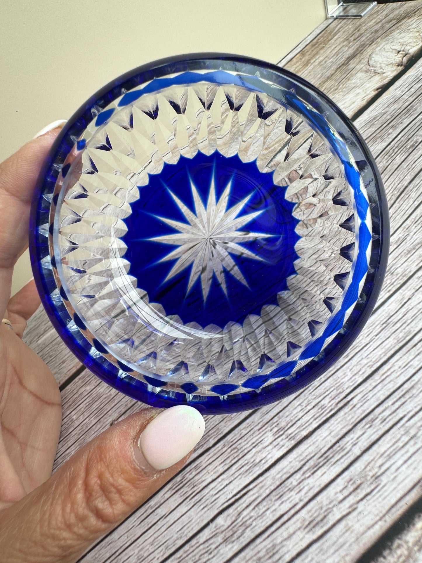 Cut-to-Clear Cobalt Blue Crystal Bowl – Starburst Base, Deep Overlay