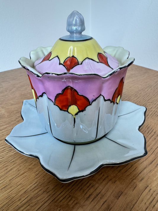 Vintage Trico Nagoya Japan Sugar Dish Set – 1930s Hand-Painted Floral with Spoon &amp; Plate