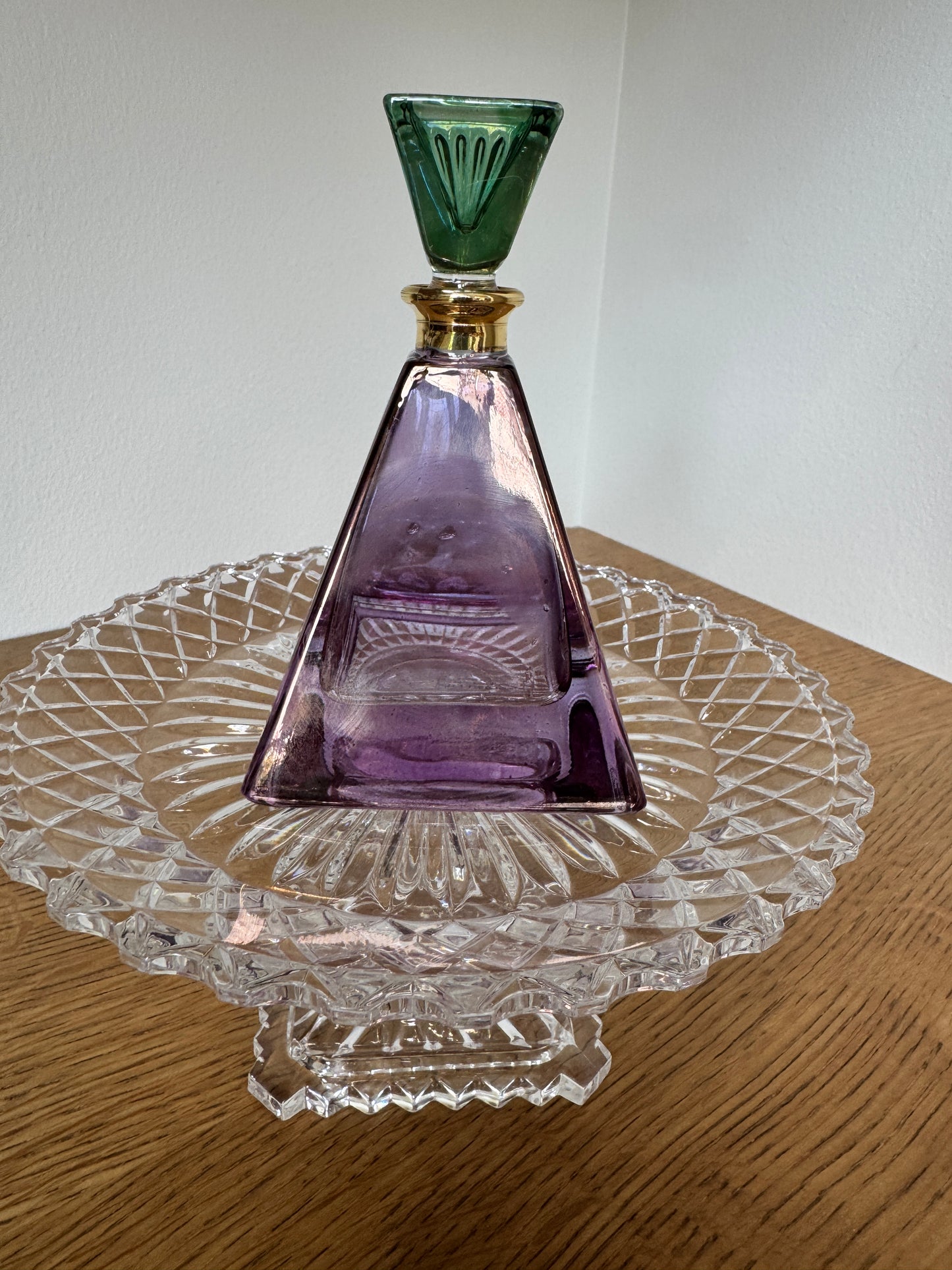 Illusions Pyramid Perfume Bottle – Amethyst and Emerald Art Glass with Gold Collar