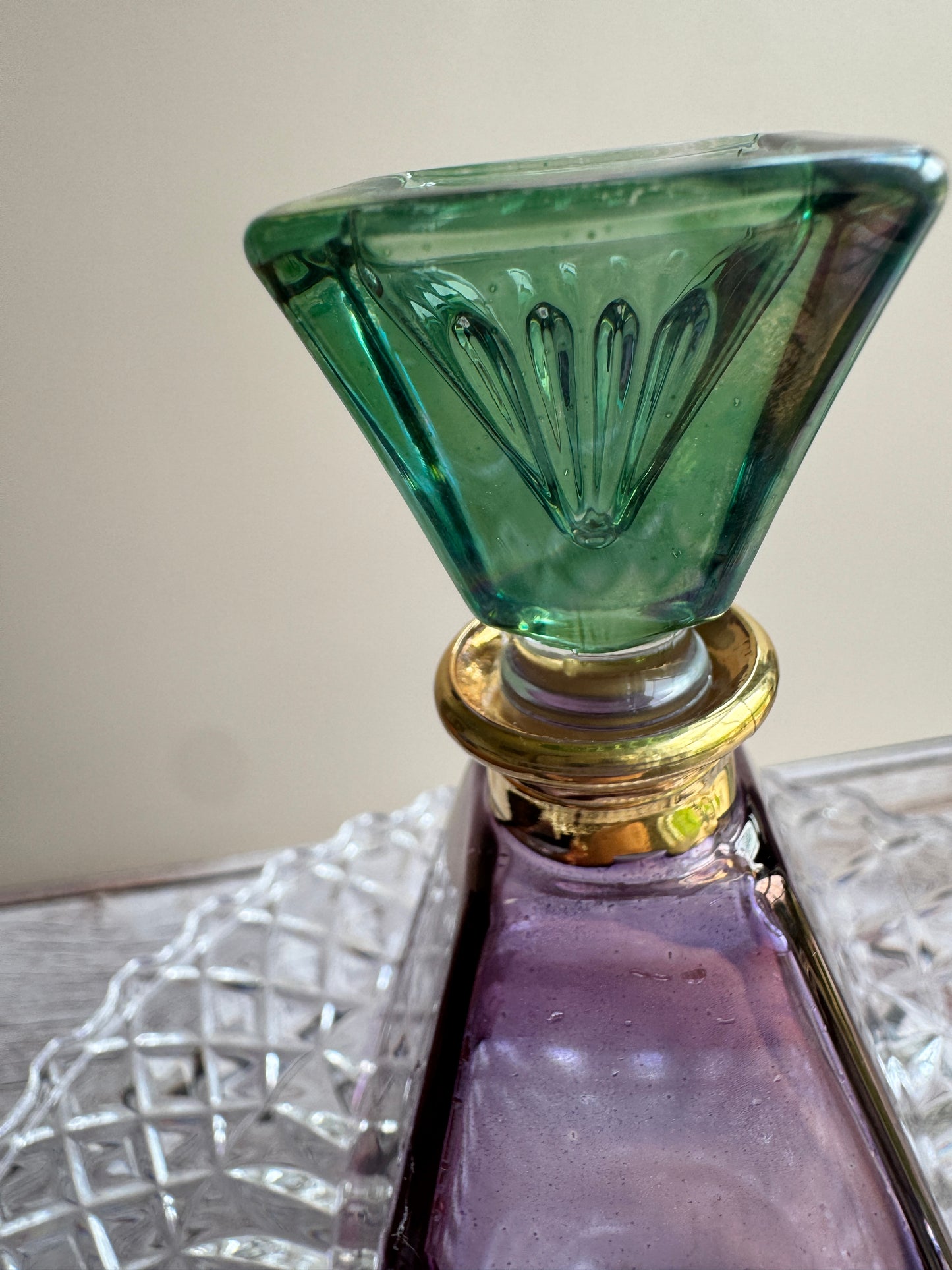 Illusions Pyramid Perfume Bottle – Amethyst and Emerald Art Glass with Gold Collar