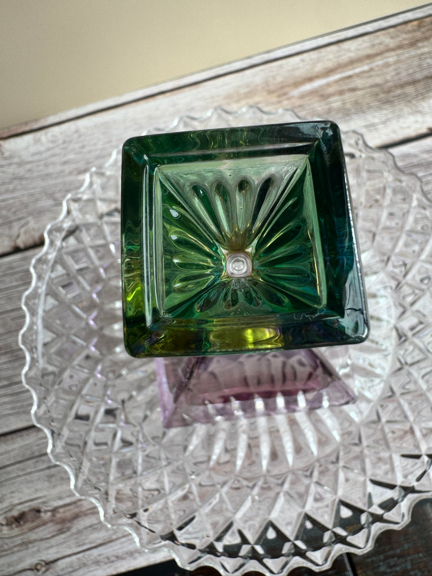 Illusions Pyramid Perfume Bottle – Amethyst and Emerald Art Glass with Gold Collar