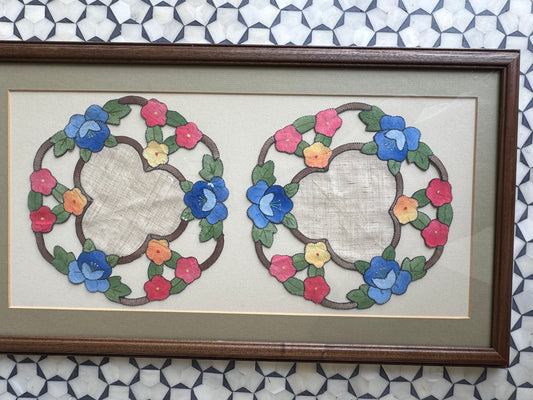 Antique Framed Linen Doilies – Hand-Stitched Floral Appliqué, Likely Portuguese