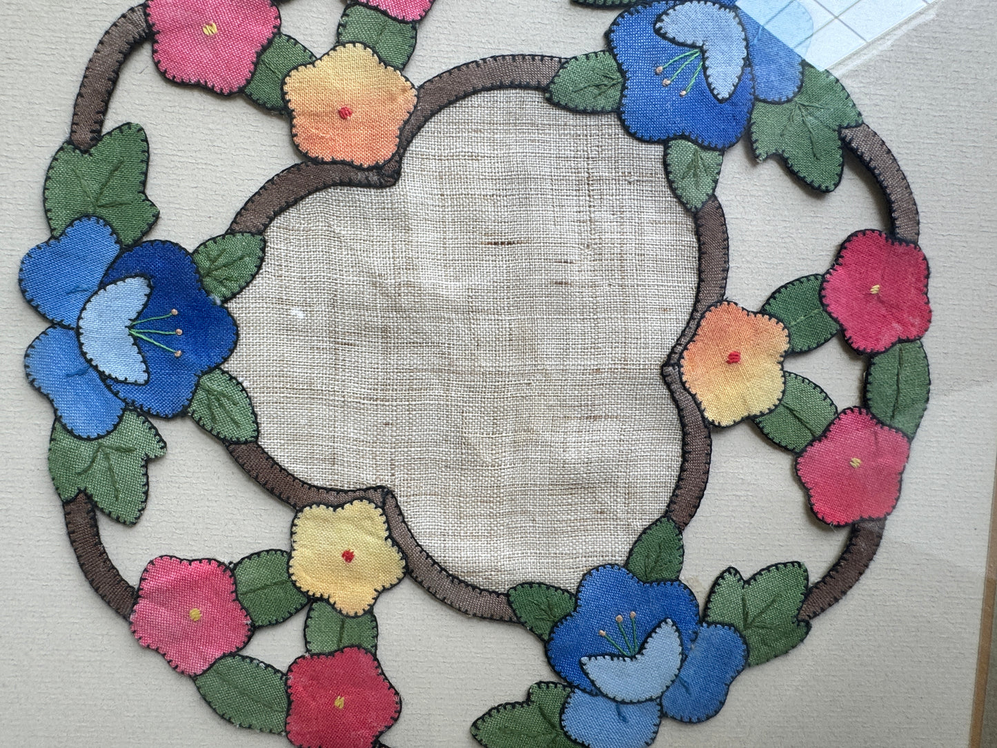 Antique Framed Linen Doilies – Hand-Stitched Floral Appliqué, Likely Portuguese