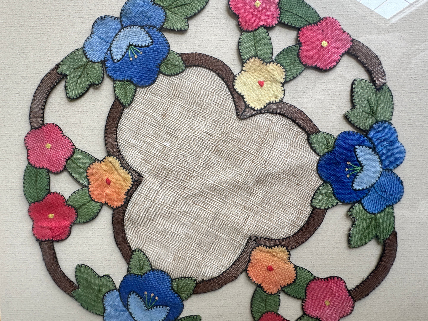 Antique Framed Linen Doilies – Hand-Stitched Floral Appliqué, Likely Portuguese