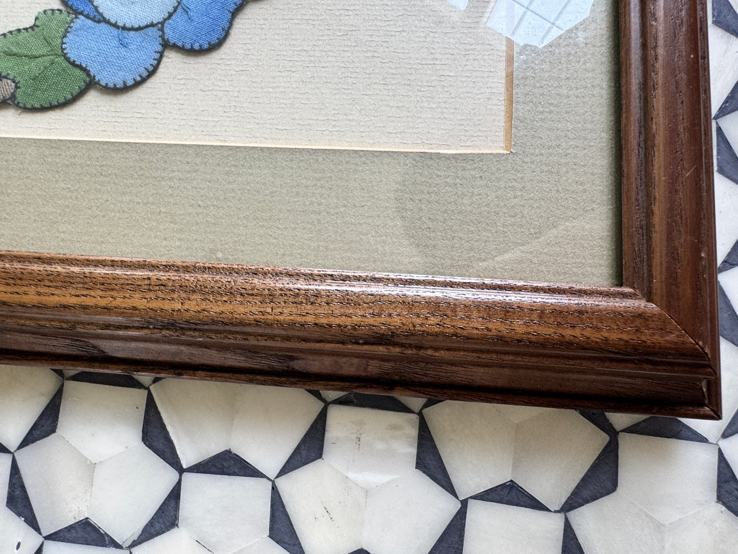 Antique Framed Linen Doilies – Hand-Stitched Floral Appliqué, Likely Portuguese