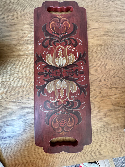 Hand-Painted Wooden Serving Tray – Red & Cream Scandinavian Folk Art | Vintage Style 19”