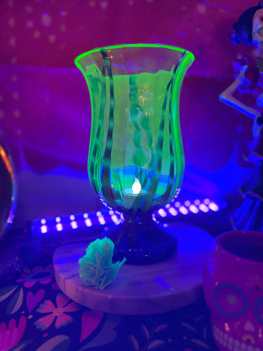 Vintage Czech Bohemian Art Glass Vase – Uranium Reactive, Blue & Green Swirl – 8.5