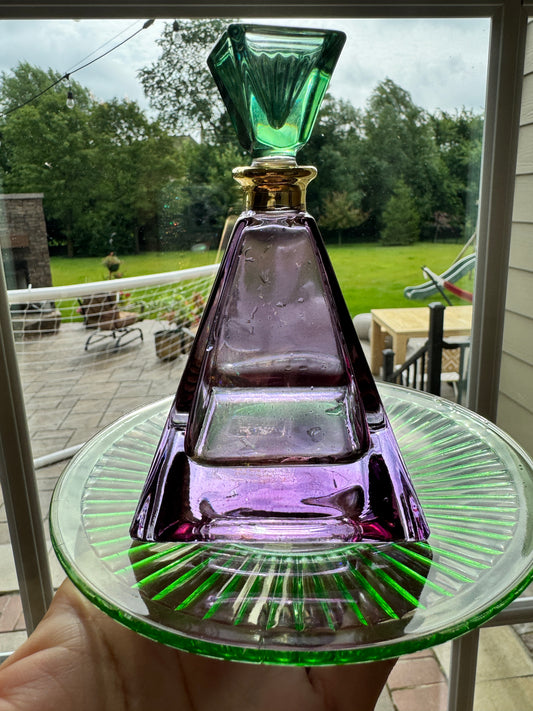 Illusions Pyramid Perfume Bottle – Amethyst and Emerald Art Glass with Gold Collar
